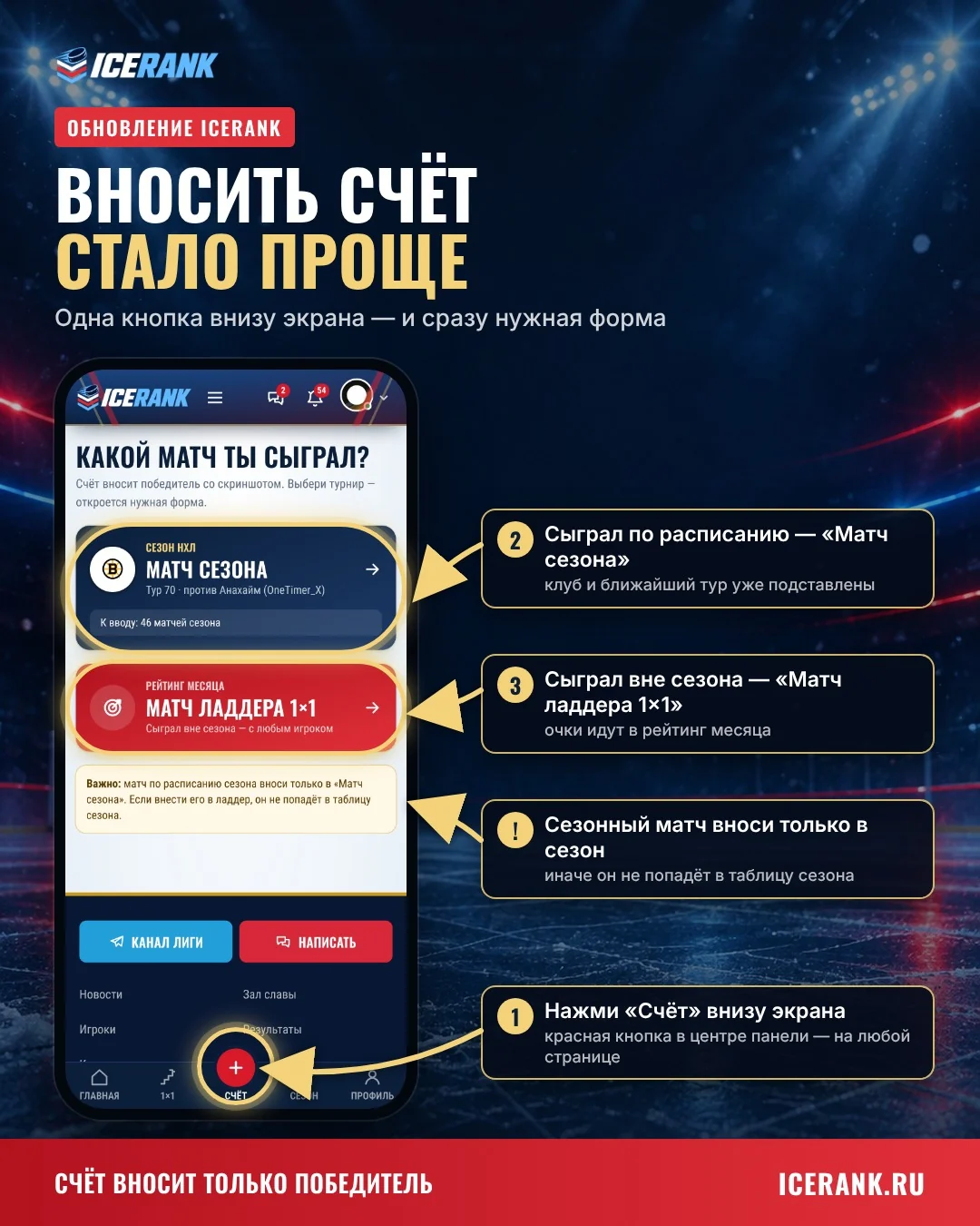 Кнопка «Счёт» и выбор турнира